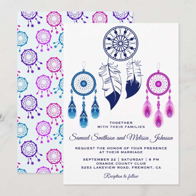Invitation de mariage attrape-rêves rose bleu (Devant / Derrière)