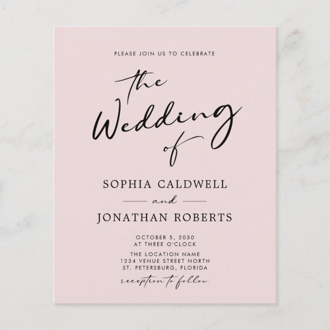 Invitation de mariage au blush calligraphié tout c (Devant)