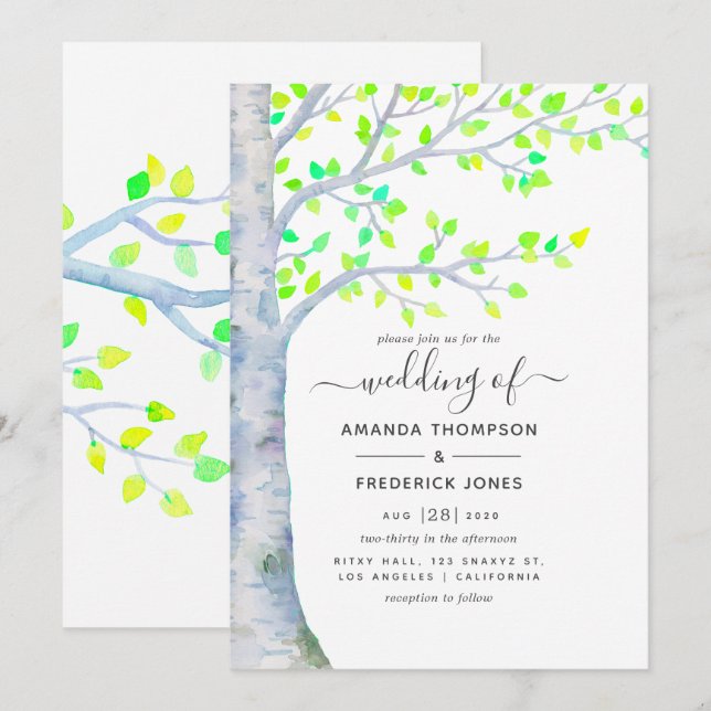 Invitation de mariage au bouleau au printemps aqua (Devant / Derrière)