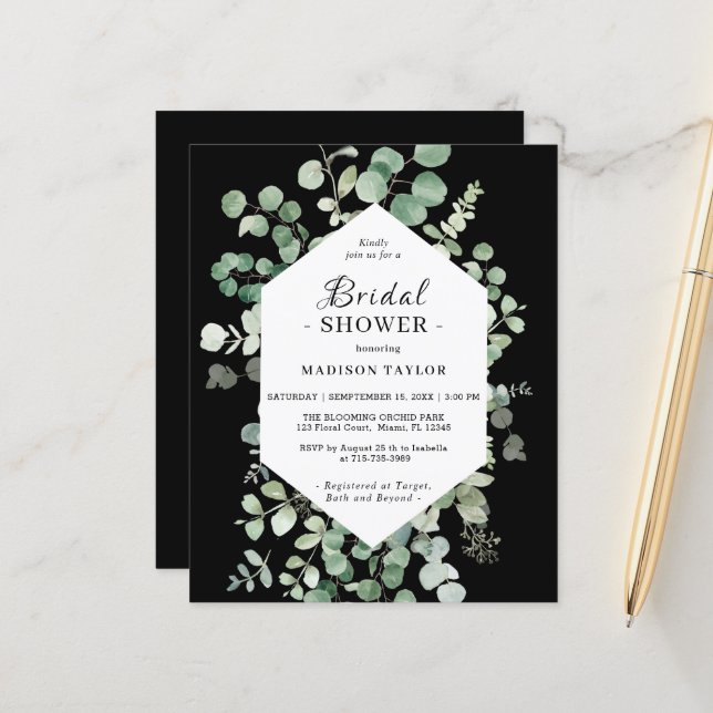 Invitation de mariage au eucalyptus de budget noir (Devant/Arrière en situation)