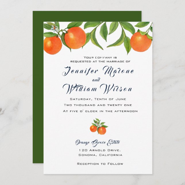 Invitation de mariage au fruit orange aquarelle (Devant / Derrière)