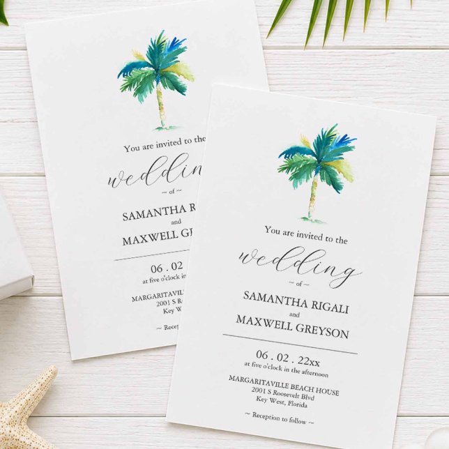 Invitation de mariage au palmier à l'aquarelle (tropical destination wedding invitations with watercolor palm tree in turquoise blue and green)