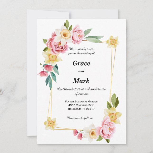 Invitation de mariage au pivoine rose et jonquille (Devant)