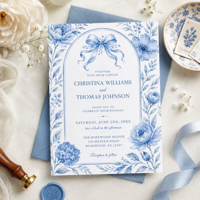 Invitation de mariage au ruban floral aquarelle bl (Créateur téléchargé)
