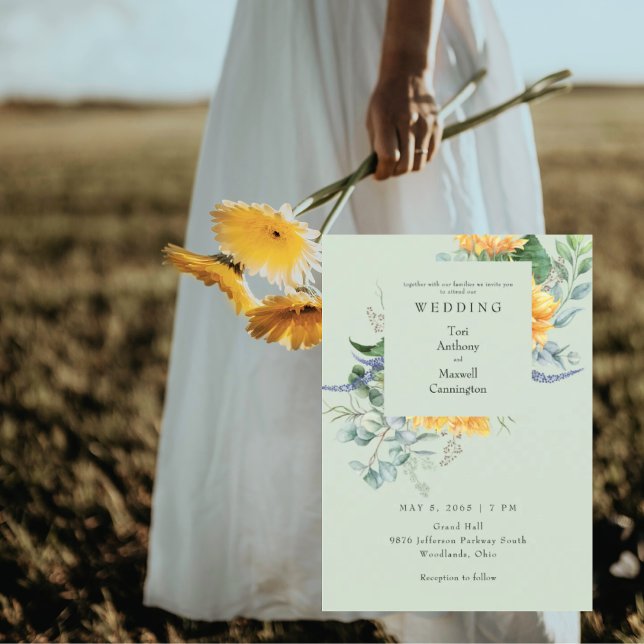 Invitation de mariage au tournesol aquarelle vert  (Créateur téléchargé)