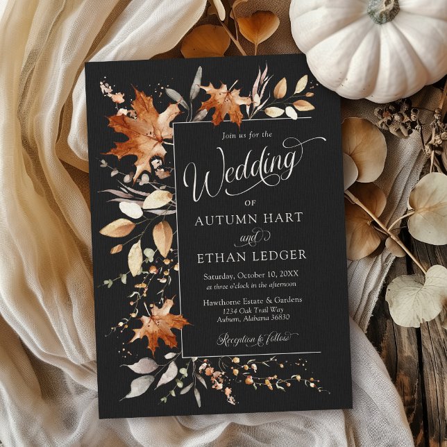 Invitation de mariage automnal à l'aquarelle Feuil (Elegant watercolor Autumn leaves modern black orange rust Fall QR code rsvp wedding invitation)