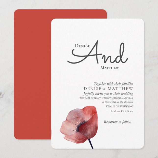 Invitation de mariage aux coquelicots en papier de (Devant / Derrière)