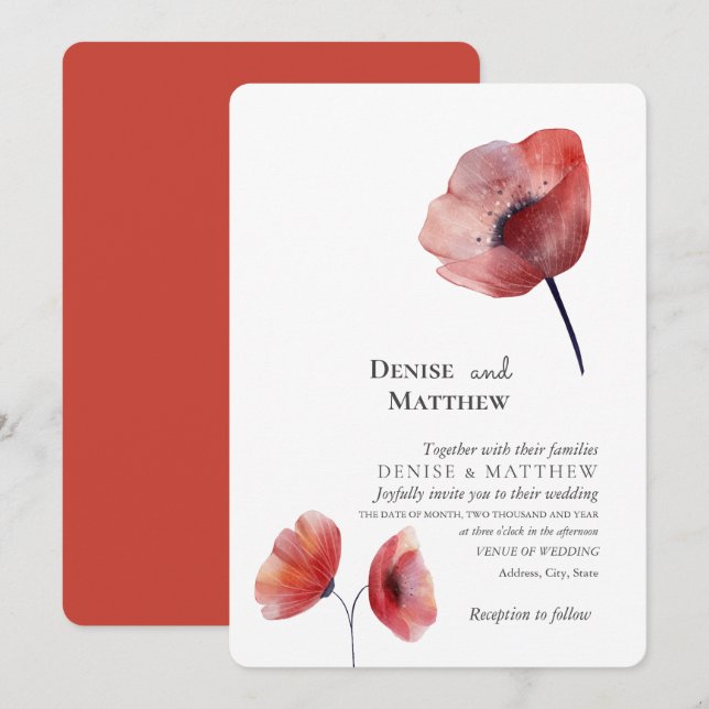 Invitation de mariage aux coquelicots en papier de (Devant / Derrière)