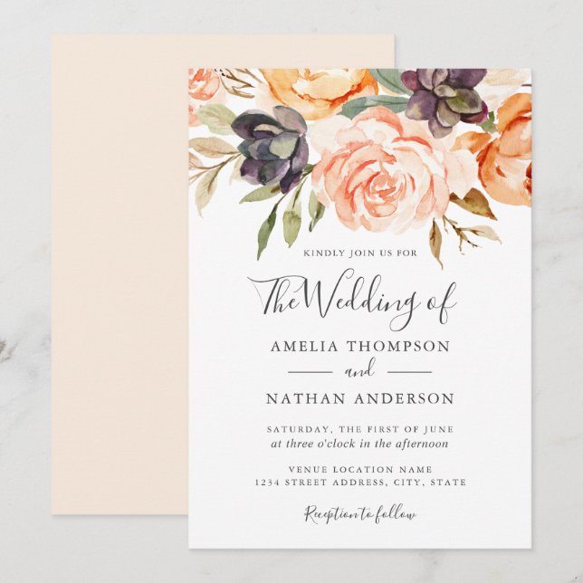 Invitation de mariage aux fleurs aquarelles pêche (Devant / Derrière)