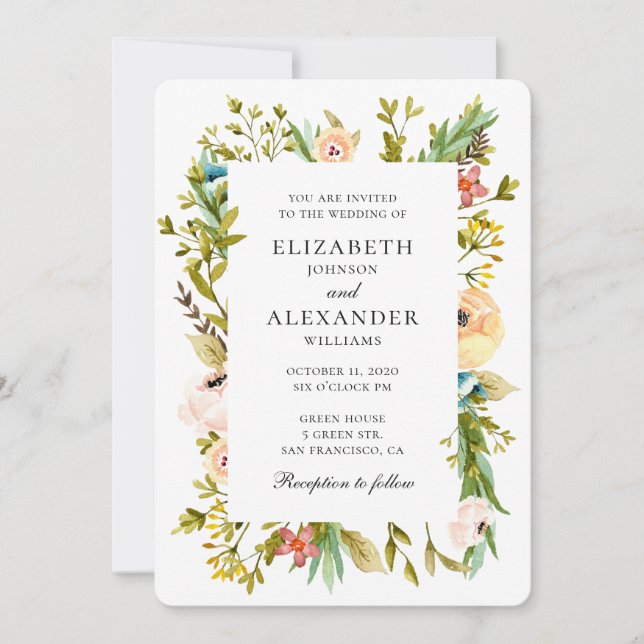 Invitation de mariage aux fleurs d'été. Jardin flo (Devant)