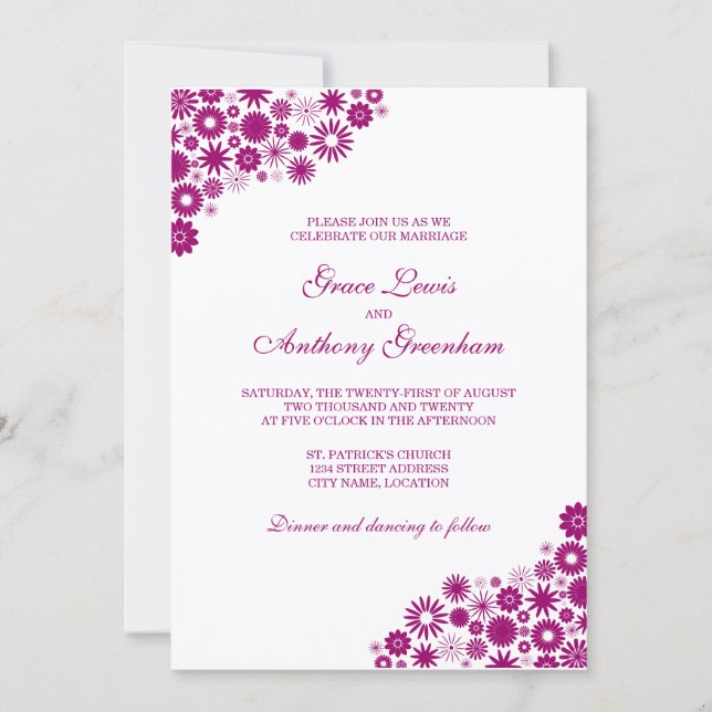 Invitation de mariage aux fleurs foncées fuchsia P (Devant)