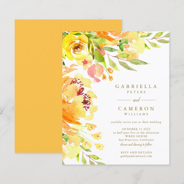 Invitation de mariage aux fleurs jaunes budgétaire (Devant / Derrière)