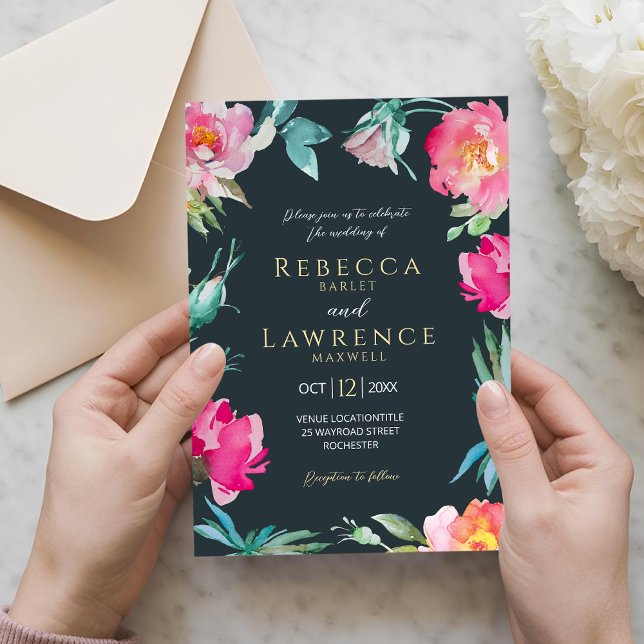 Invitation de mariage aux fleurs roses vives éléga (Créateur téléchargé)