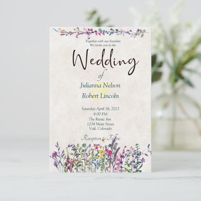 Invitation de mariage aux fleurs sauvages colorées (Debout devant)