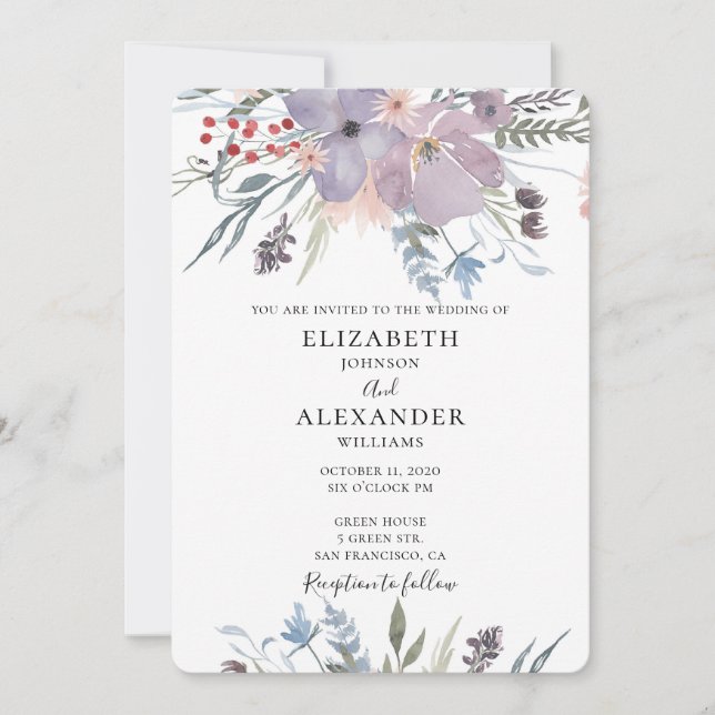 Invitation de mariage aux fleurs violettes. Invita (Devant)