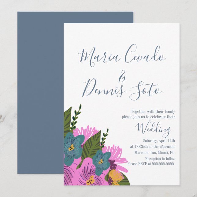 Invitation de mariage aux florales dessinées à la  (Devant / Derrière)