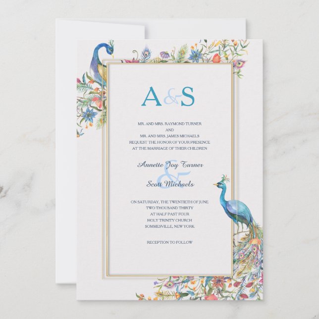 Invitation de mariage aux paons (Devant)