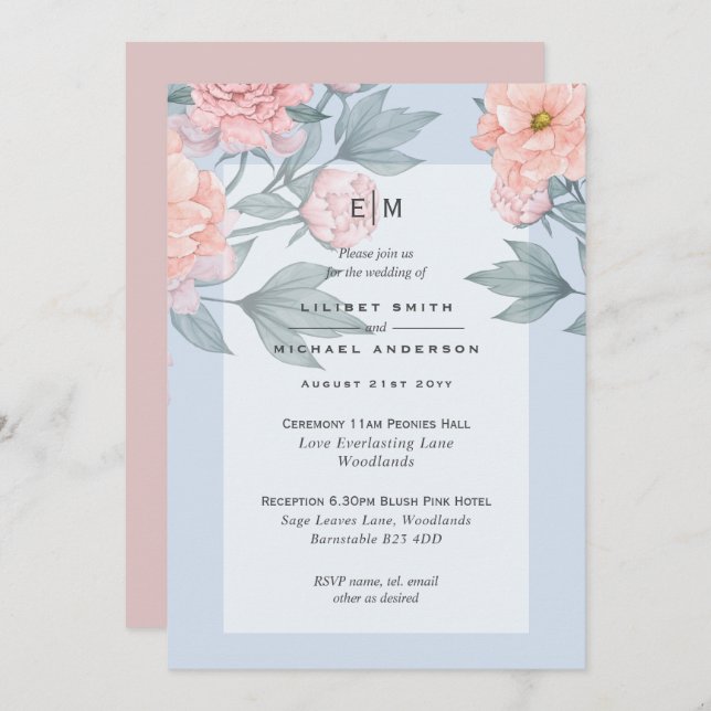 Invitation de mariage aux Pivoines Rose Pêche Roug (Devant / Derrière)
