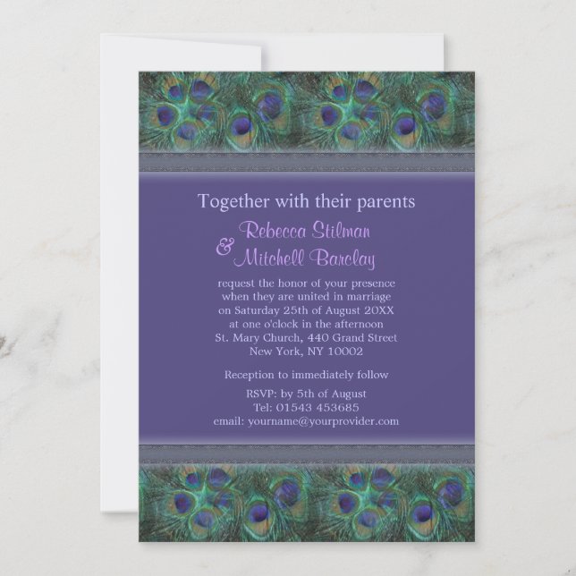 Invitation de mariage aux plumes de paon vert viol (Devant)