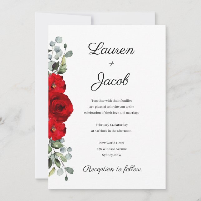 Invitation de mariage aux roses rouges et à l'euca (Devant)