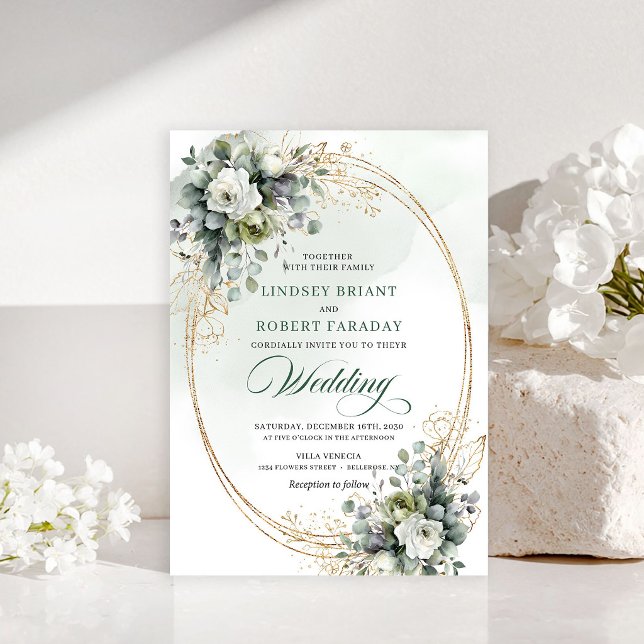 Invitation de mariage aux roses vertes et dorées d (Luxe green and gold roses wedding invitation)