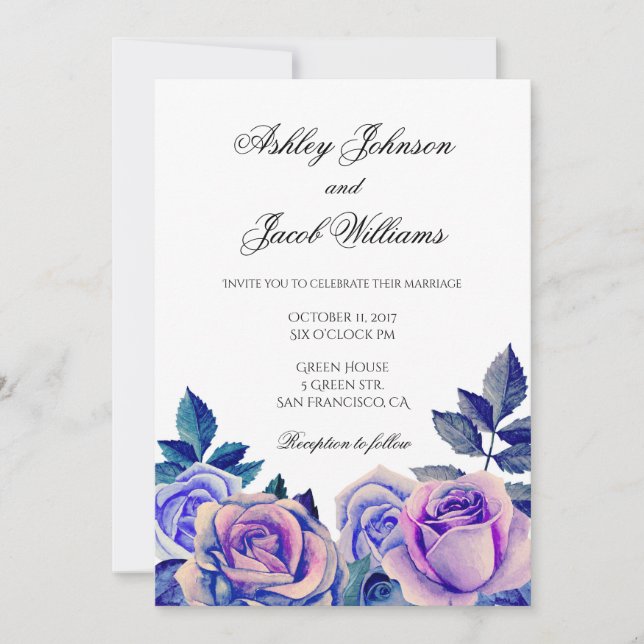 Invitation de mariage aux roses violettes. Floral  (Devant)