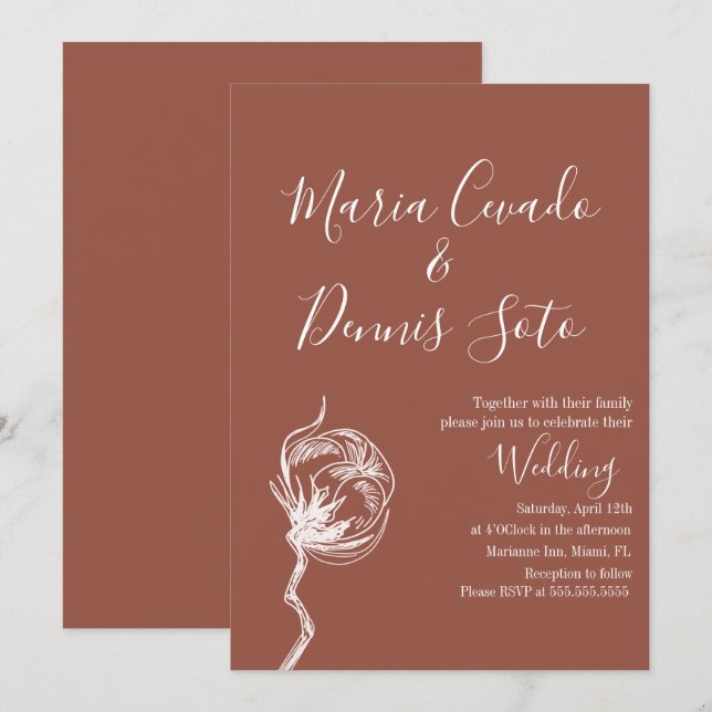 Invitation de mariage aux tons terreux avec des fl (Devant / Derrière)