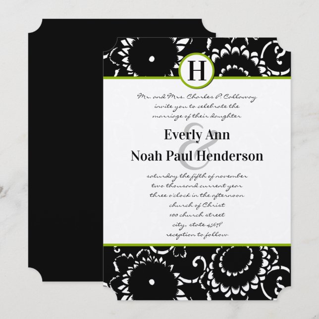 Invitation de mariage aux tournesols en damas vert (Devant / Derrière)