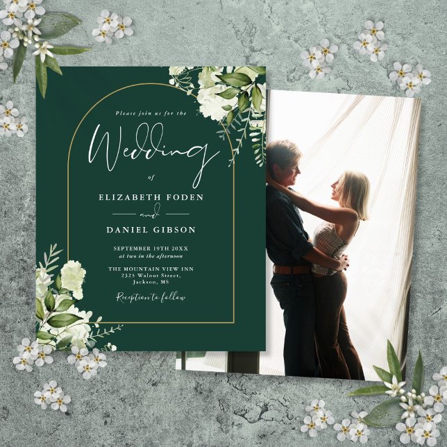 Invitation de mariage avec arche florale verte et  (Budget Green Floral Arch Photo Wedding Invite)
