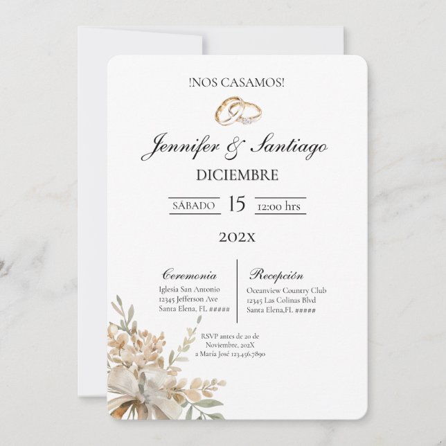 Invitation de mariage avec bouquet et bague (Devant)