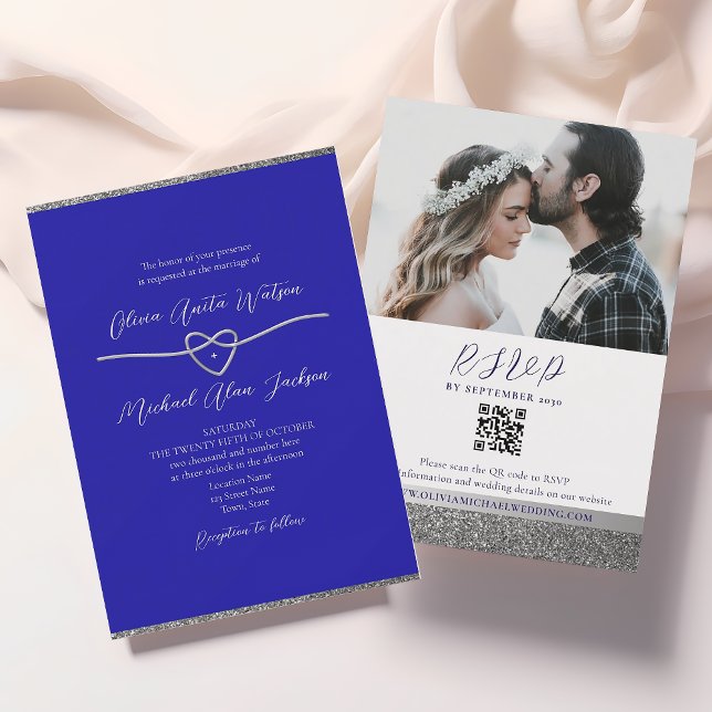 Invitation de mariage avec code QR argent et bleu  (Créateur téléchargé)