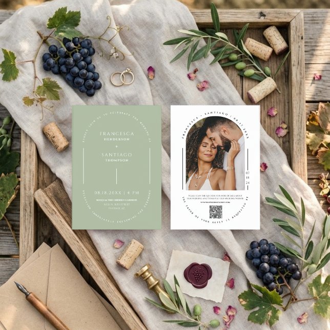 Invitation de mariage avec code QR et arche verte  (Créateur téléchargé)