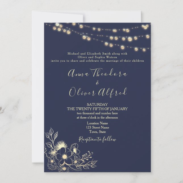 Invitation de mariage avec guirlande lumineuse ble (Devant)