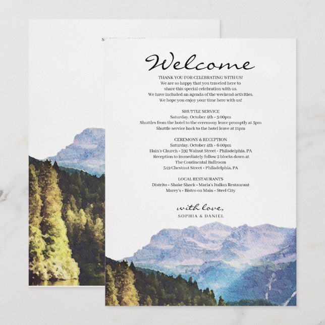 Invitation de mariage avec montagnes à l'aquarelle (Devant / Derrière)