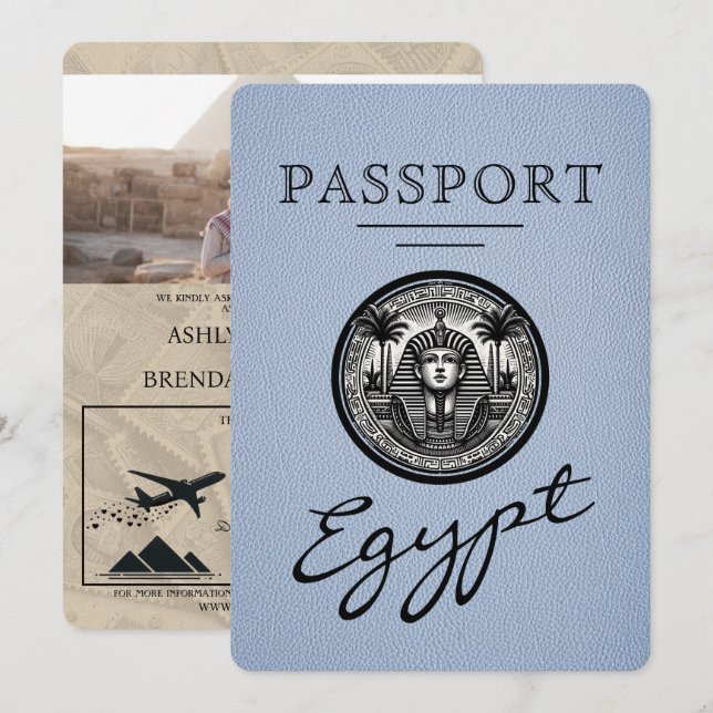 Invitation de mariage avec passeport bleu poussiér (Devant / Derrière)