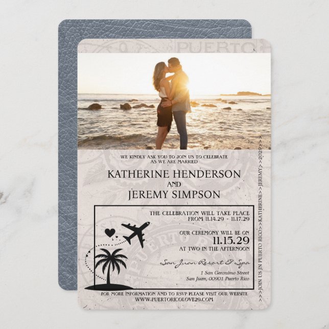 Invitation de mariage avec passeport Porto Rico ar (Devant / Derrière)