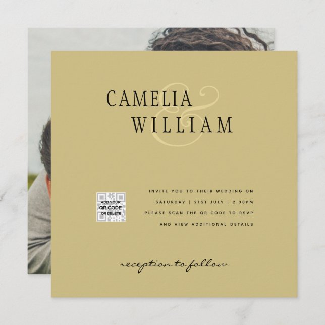 Invitation de mariage avec QRCode RSVP Or Jaune Ph (Devant / Derrière)