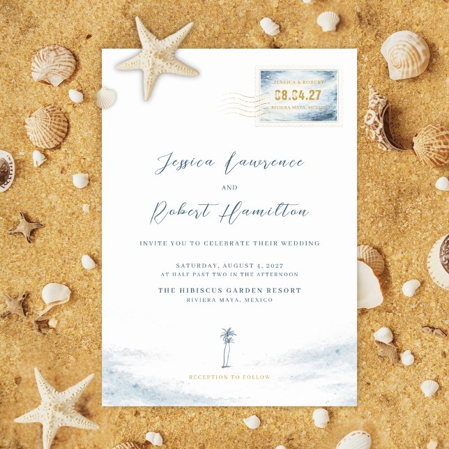 Invitation de mariage avec tampon aquarelle bleue  (Destination Ocean Wedding Invitation and Details Card)