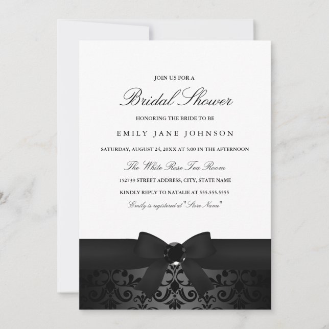 Invitation de mariage avec un nœud noir et blanc d (Devant)