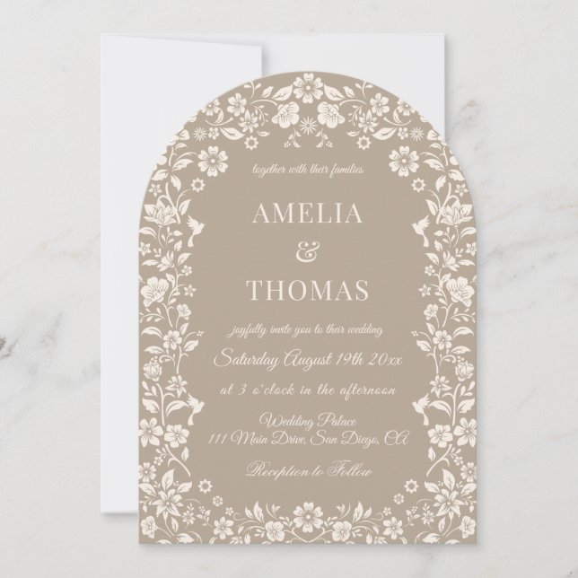 Invitation de mariage beige neutre florale (Devant)