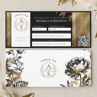 Invitation de mariage billet d'avion floral or noi
