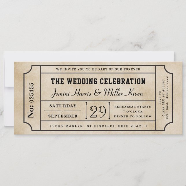 Invitation de mariage billet vintage (Devant)