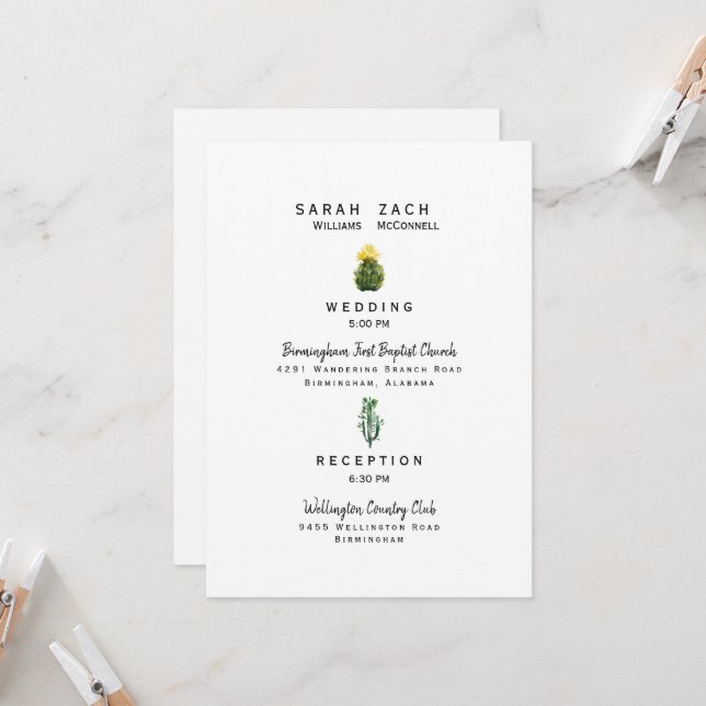 Invitation de mariage blanche simple Cactus Two Li (Devant/Arrière en situation)