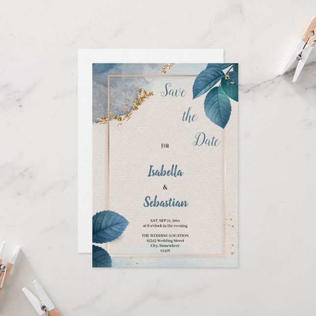 invitation de mariage bleu (Devant/Arrière en situation)