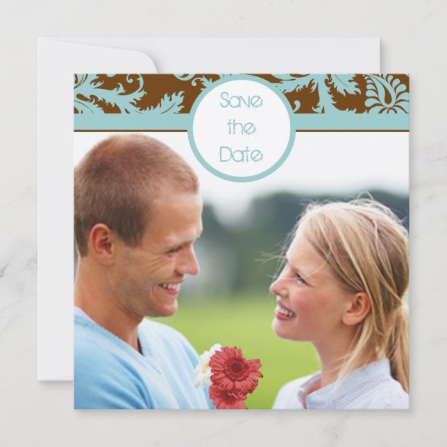 Invitation de mariage bleu aqua damassé sur fond m (Devant)