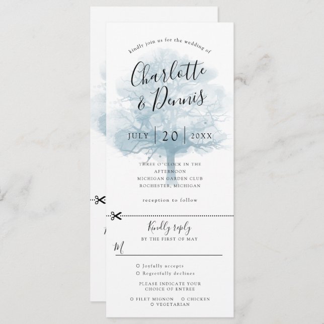 Invitation de mariage bleu avec chêne et carte-rép (Devant / Derrière)