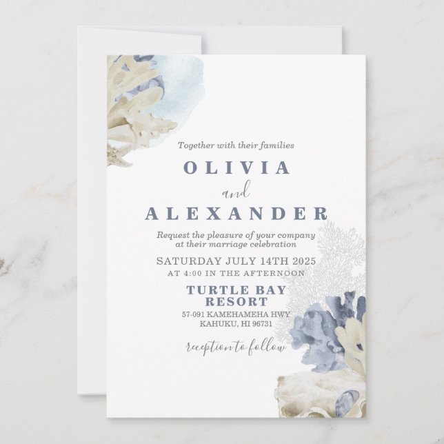 Invitation de mariage bleu coquillage de plage (Devant)