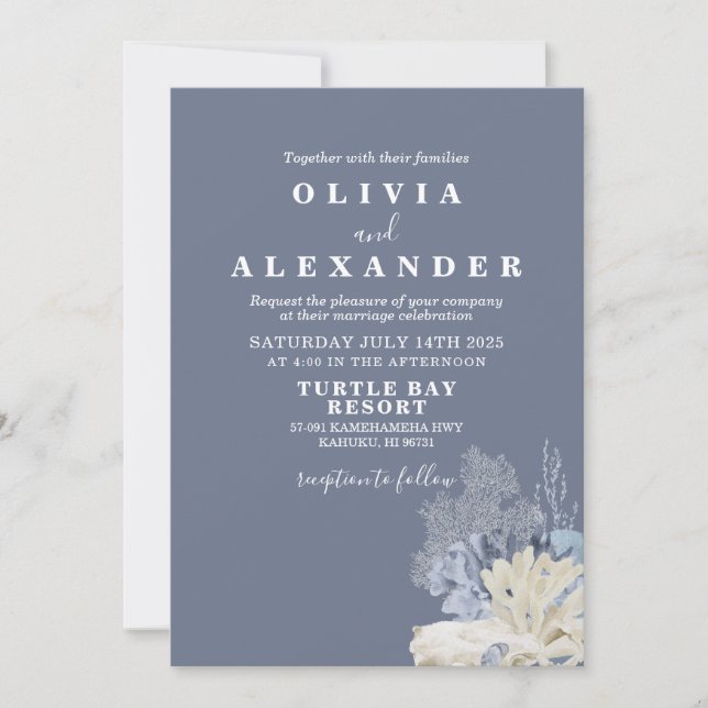Invitation de mariage bleu coquillage de plage (Devant)