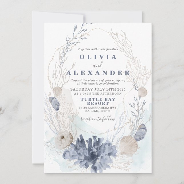 Invitation de mariage bleu coquillage de plage (Devant)