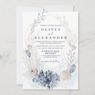Invitation de mariage bleu coquillage de plage
